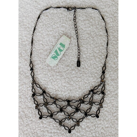 1928 Black & Silver Rhinestone Collar / Bib Necklace 16-19 in NWT - Picture 5 of 9